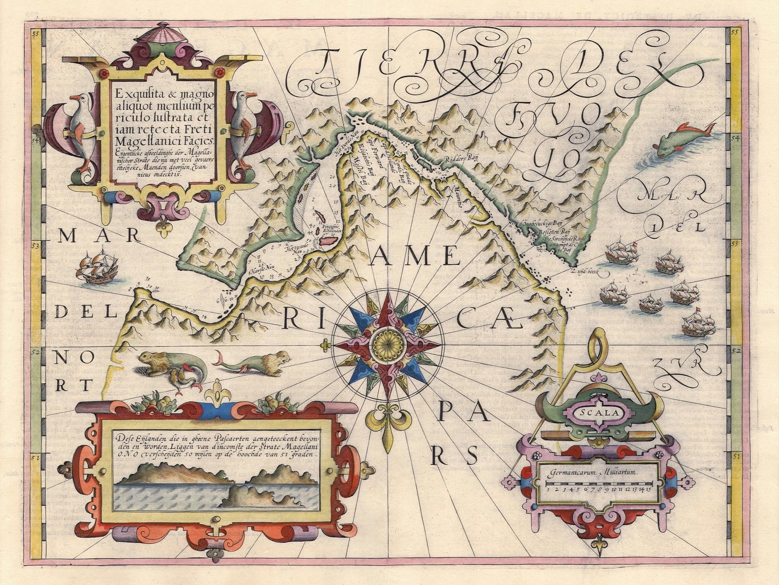 Mapa histórico del Estrecho de Magallanes realizado por Jodocus Hondius en 1606