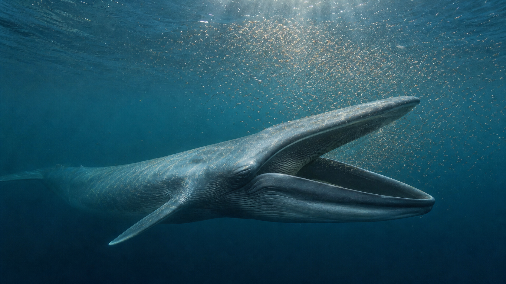 Visualización submarina de una ballena azul alimentándose de krill