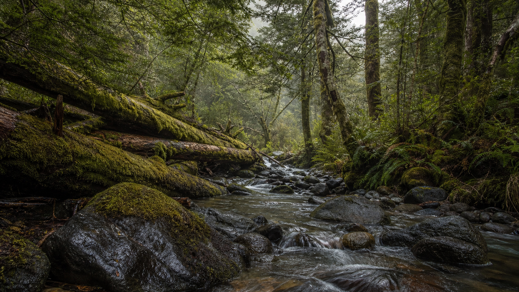 Arroyo entre troncos, musgos y helechos de un bosque ribereño patagónico