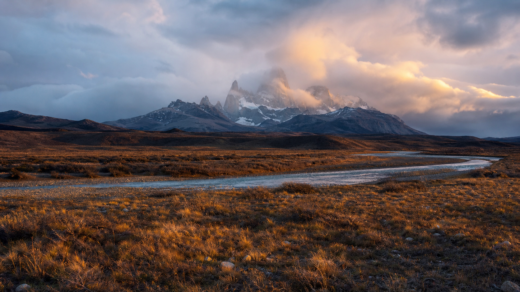 Cerro Chaltén parcialmente envuelto en nubes sobre el río de las Vueltas