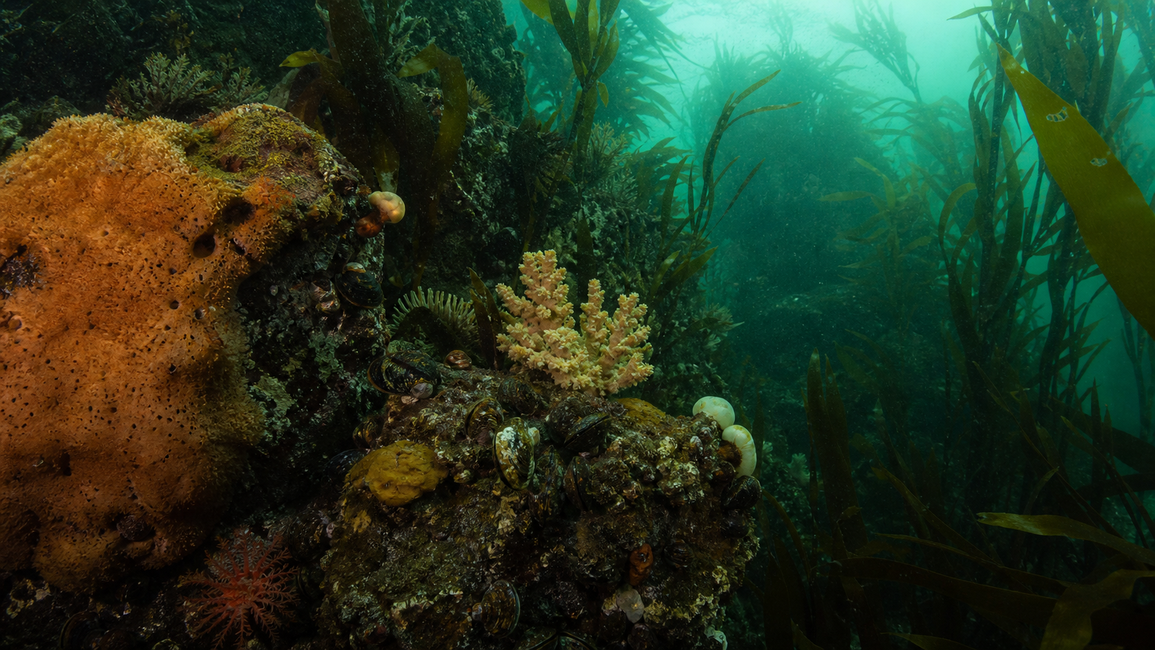 Bosque de huiro, esponjas y moluscos bajo un fiordo patagónico