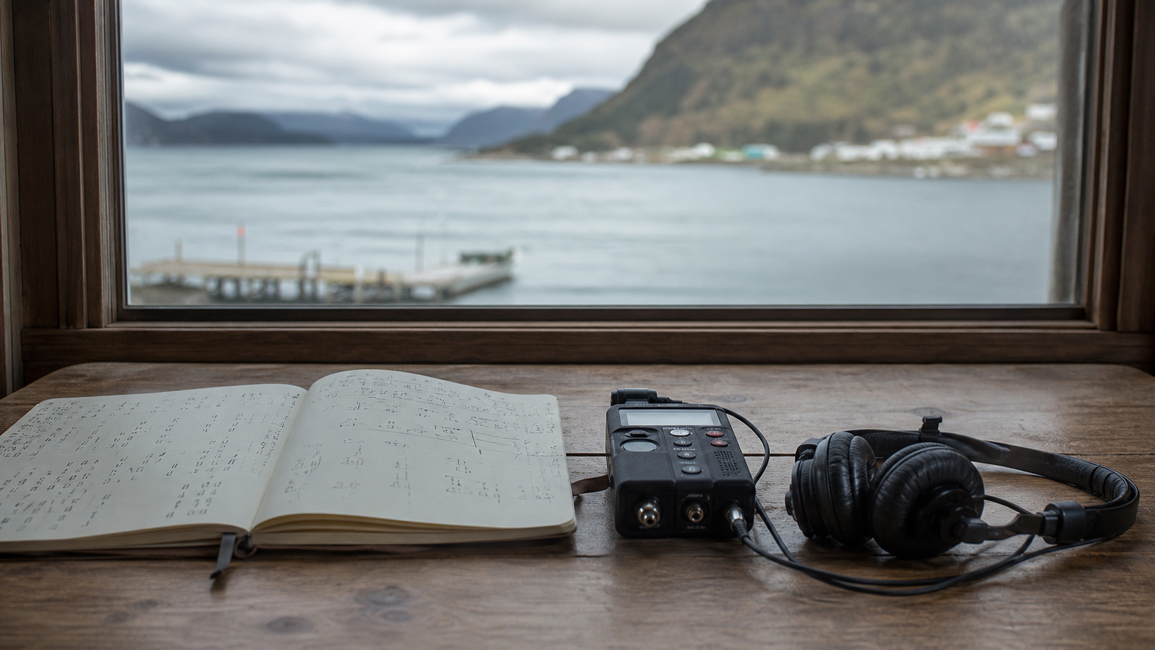 Cuaderno y archivo sonoro frente a un canal austral