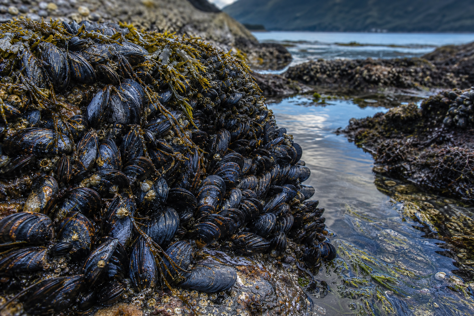 Mejillones patagónicos adheridos a una roca en la zona intermareal