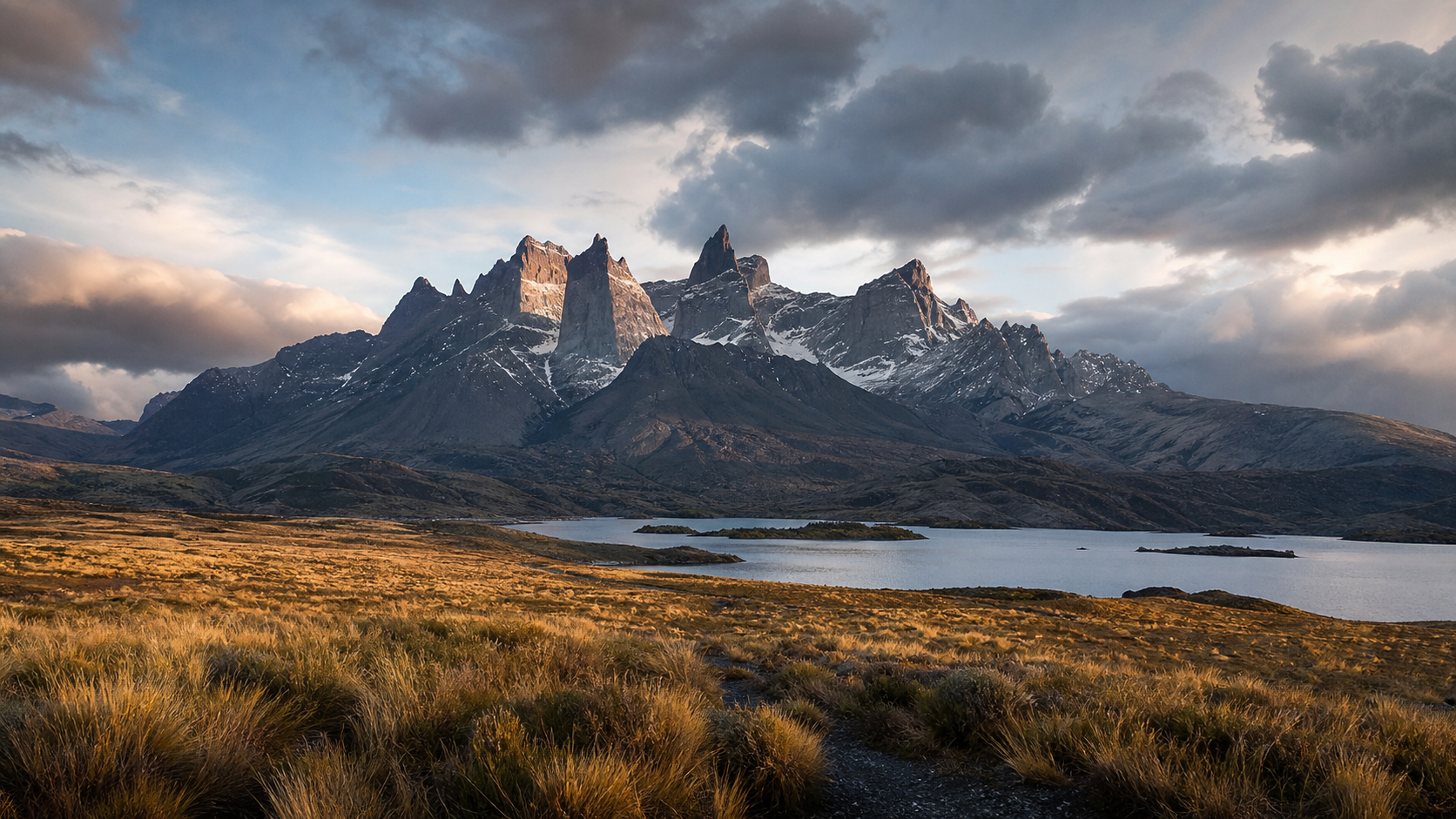 Cuernos del Paine vistos desde la estepa y un lago austral